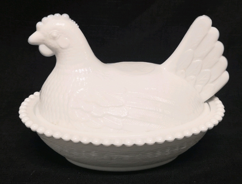 Vintage Indiana Milk Glass Hen on Nest - 7" Long & 5.5" Tall