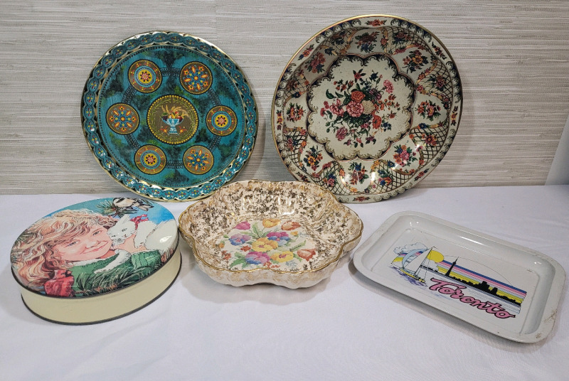 H & K Tunstall Old English Sampler Dish and Metal Trays & Tin . Measures 6.5" to 10" diameter