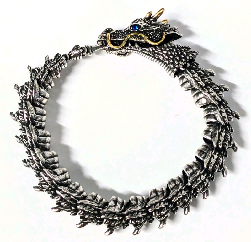 Incredible Articulated Ouroboros Dragon Bracelet with Blue Glass Rhinestone Eyes | 8" Long