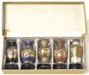 Vintage Set of 5 Miniature Intricately Detailed Cloissone Metal Vases w Wood Stands in Original Gift Box | 2" Tall ea (2.5" w Stands)