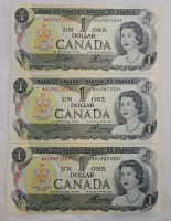 1973 Canadian Bank of Canada One Dollar Bank Notes , Consecutive Serial Numbers . All Excellent Condition and Appear Uncirculated