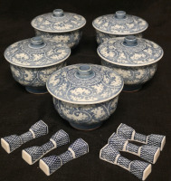 6 Chop Sticks Rests + 5 Blue & White Lidded Porcelain Dishes