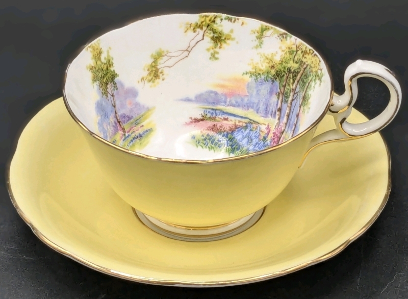 Lovely Vintage Aynsley Yellow Scenic Riverside Tea Cup & Saucer | Both Ring True