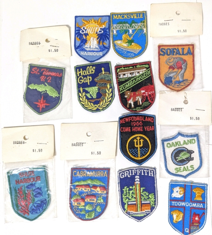 12 Vintage Embroidered Souvenir Travel Badges / Patches | 4 Still Sealed! | Up to 2" x 2.75"