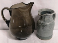 Vintage Smoked Glass Pitcher 8.25" Tall & Pottery Signed Pitcher 6.25" Tall