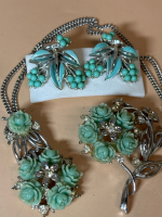 CORO Vintage Molded Lucite Turquoise Mint Brooch + Necklace Enameled Bead Earrings Rare