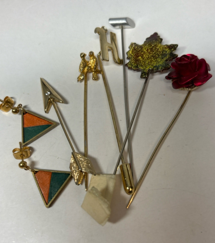 6 Vintage Stick Pins & Geometric Leather pierced Earrings