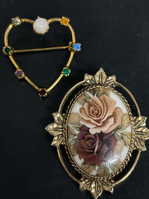 Victorian Revival Blossom signed Brooch + Open Heart with Stones