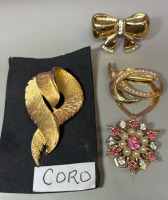 Four Vintage Lovely Brooches Rhinestones CORO Pearls