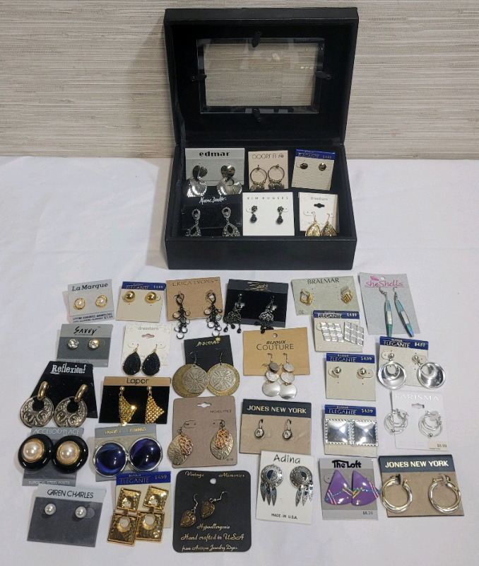 33prs. Assorted Pierced Earrings Sets on Earring Backs with Jewelry Box .