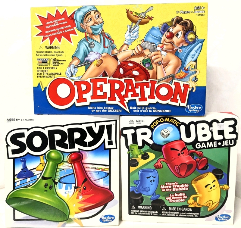 3 Classic Hasbro Games: Operation (2013), Sorry! (2016) & Pop-O-Matic Trouble (2013)