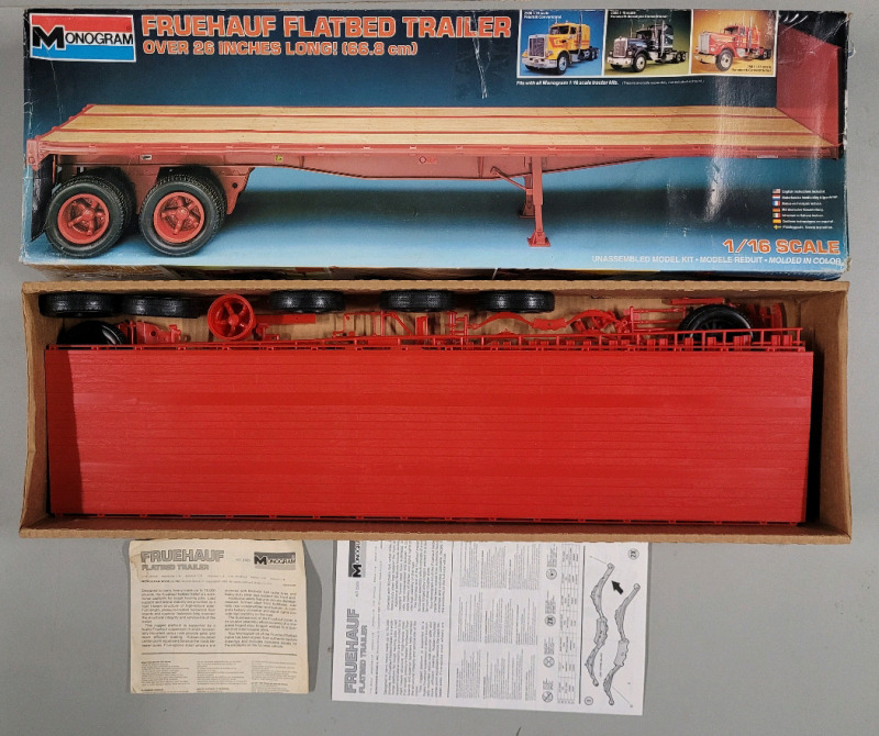 1983 Monogram Fruehauf Flatbed Trailer Model Kit , 1/16 Scale , 26.5" Long . Fits All Monogram 1:16 Scale Semi-Trucks . Open Box , Complete . Model # 2503