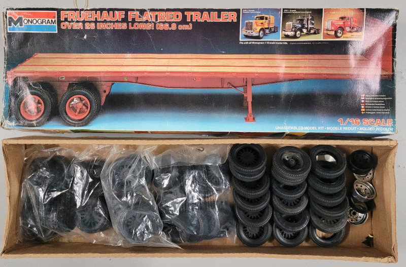 1983 Monogram Fruehauf Flatbed Trailer Model Kit Box & Forty Six (46) 1/16 Scale Model Truck Tires .