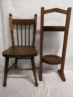 Vintage Oak 2 Tier Plant Stand + Wooden Child's Chair