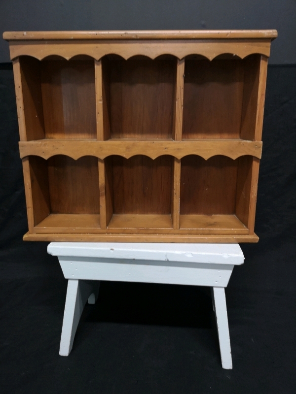 Vintage Stepping Stool & Wooden Knick Knack Wall Shelf