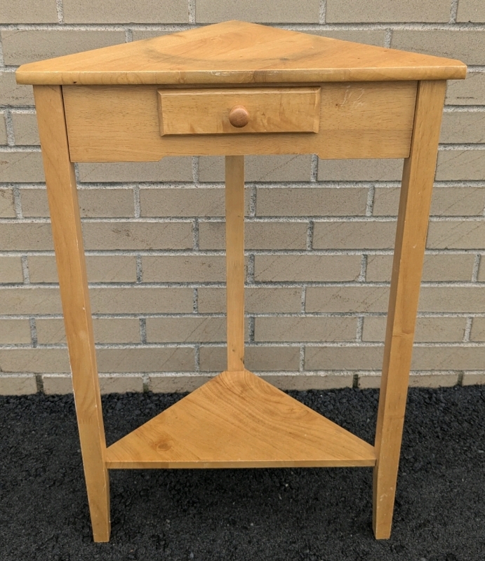 Neat Vintage Wood Corner Table w Drawer | 19.75" x 11" x 30" Tall