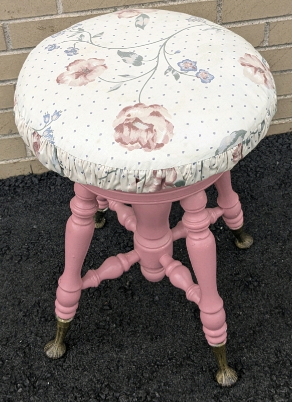 Reupholstered & Repainted HEAVY Vintage Adjustable Piano Stool w Gorgeous Brass Feet | 15" Diameter x 20" - 23" Tall