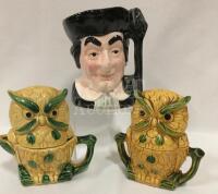 Vintage Japan Owl Condiment Set & Jug