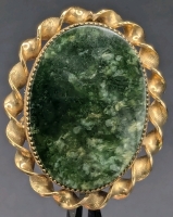 Signed Togo Vintage 12KT Gold Filled Oval Jade Open Gallery Brooch Can be Converted to Pendant with the back bale. | 1" x 1.15"