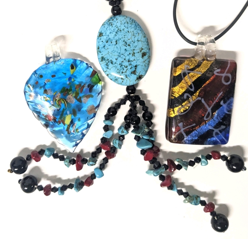 Strikingly Colourful Vintage Art Glass Pendants & Turquoise, Red Stone & Black Glass Over-the-Head Necklace