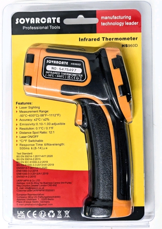 SOVARCATE Infrarot-Thermometer – -50°C Bis 600°C, Laser, Einstellbarer Emissionsgrad 0.1–1.0, Inkl. Fleischsonde