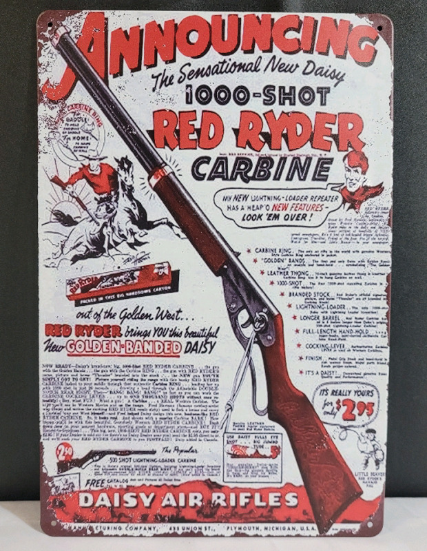 New - Daisy Air Rifles Red Ryder Carbine Tin Sign . Measures 8"×11"