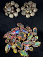 Continental signed frosted Glasd + AB rhinestone Earrings Enchanting Vintage Northern Lights Brooch