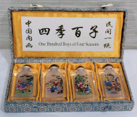 Chinese ' One Hundred Boys of Four Seasons ' Glass Snuff / Perfume Bottles in Case , Set of 4 . Reverse Hand-Painted , Different Scene on Both Sides . Measures 3" tall