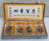 Chinese ' One Hundred Boys of Four Seasons ' Glass Snuff / Perfume Bottles in Case , Set of 4 . Reverse Hand-Painted , Different Scene on Both Sides . Measures 3" tall