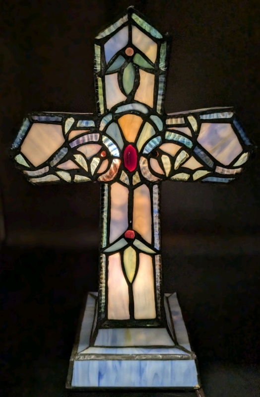 New River of Goods 3D Tiffany-Inspired Stained Glass Cross Table Lamp | 8.25" x 4.8" x 13" Tall