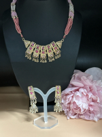 Pink Rhinestone Set Necklace & Earrings finely Beaded Bolo Style Soft Gold tone