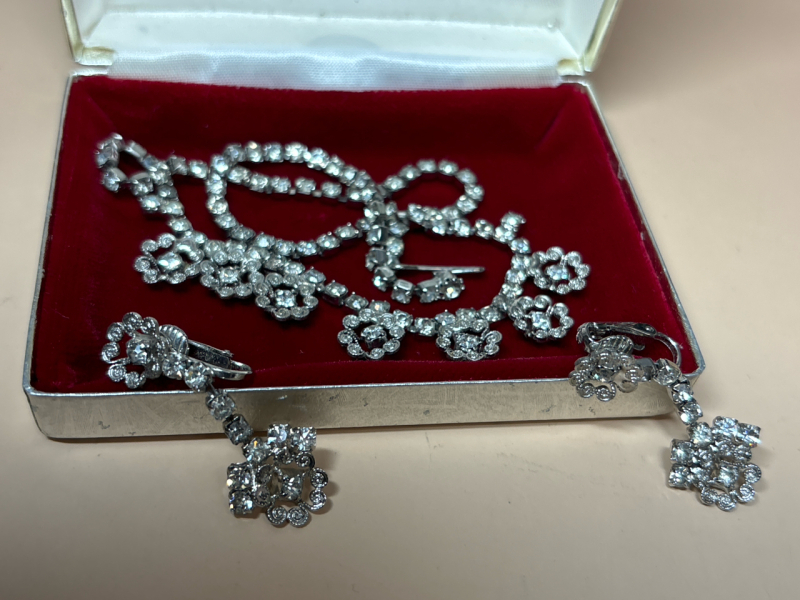 Vintage Rhinestone Scroll Work Necklace Earrings Set