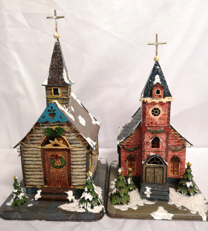 2 Metal Christmas Village-Style Churches for Your Home Decor