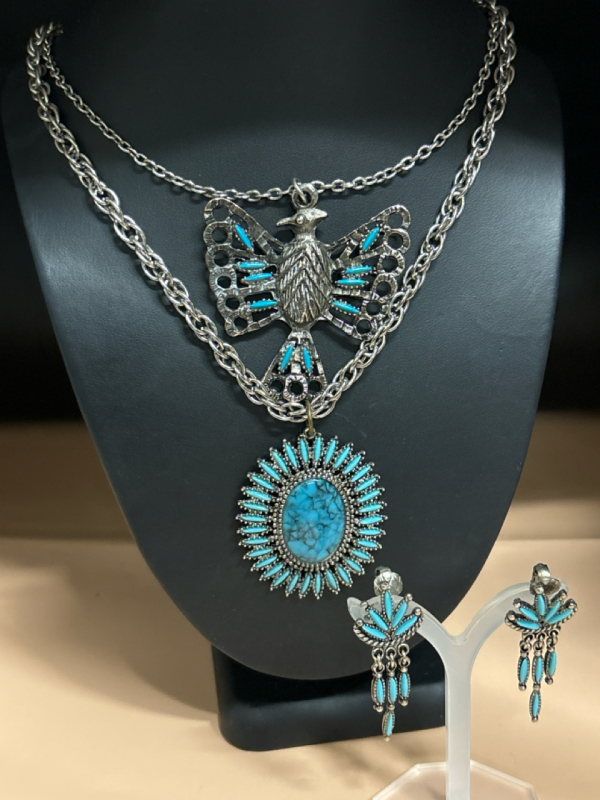 Southwest Style Jewelry Eagle and Needle point Burst Necklaces Earrings in faux Turquoise