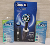 New - Oral-B Pro 500 Rechargeable Toothbrush & Oral-B Super Floss ×2 . Minor wear to box edges