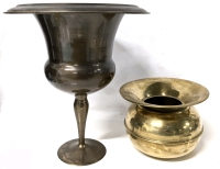 Large Brushed Brass Urn (13" Diam x 13.5" Tall) Made in India & Vintage Brass Spitoon (8" Diam x 5.75" Tall)