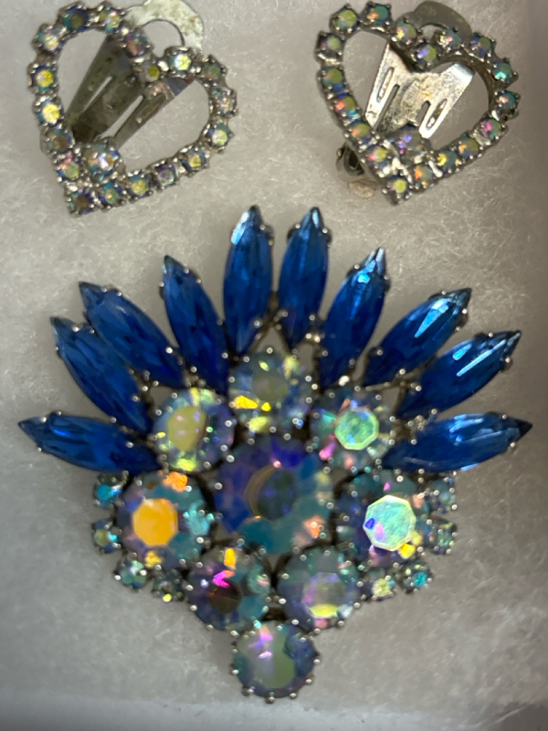 Vintage High Quality Blue and AB Starburst brooch and Heart Earrings