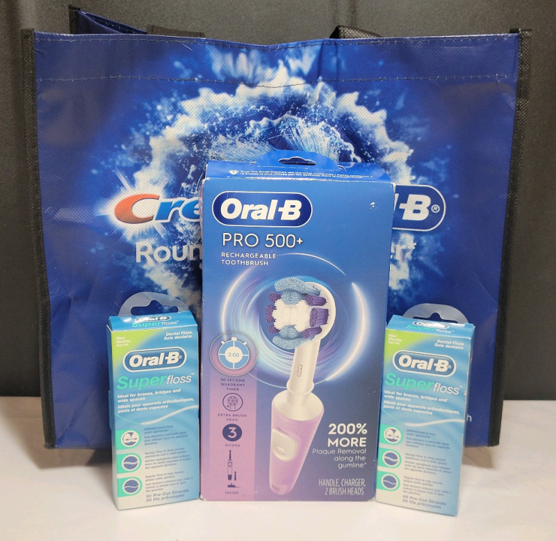 New - Oral-B Pro 500 Rechargeable Toothbrush & Oral-B Super Floss ×2 . Minor wear to box edges