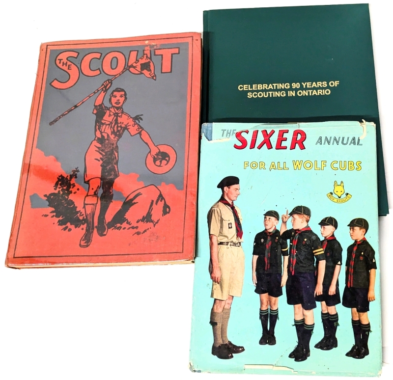 3 Vintage Hardcover Boy Scouts Books | 1949 The Scout Manual Vol. XLIV, 1960 The Sixer Annual for all Boy Scouts Wolf Cubs, Celebrating 90 Years of Scouting in Ontario w Patch (2000);