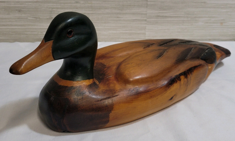 Hand Carved Decoy Mallard Signed by Canadian Artist Liza Chiu . Measures 15.5" long