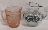 Pink Depression Glass Pitcher + Silver Overlay Pitcher