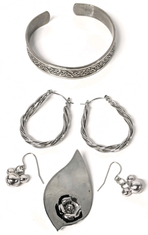 Stupendous Silver Tone Signed Disney Puffy Mouse-Head Earrings, 1.7" Long Braided Hoop Earrings, Leaf Brooch w Rose Brooch (2") & Open-Cuff Celtic Bracelet (0.4" Wide x 2.35" Diameter)