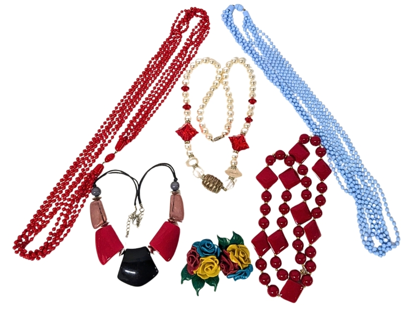 5 Bright & Colorful Beaded Necklaces & Handmade Very Large Lightweight Tri-Colour Roses Clip-On Earrings | 19" - 32"