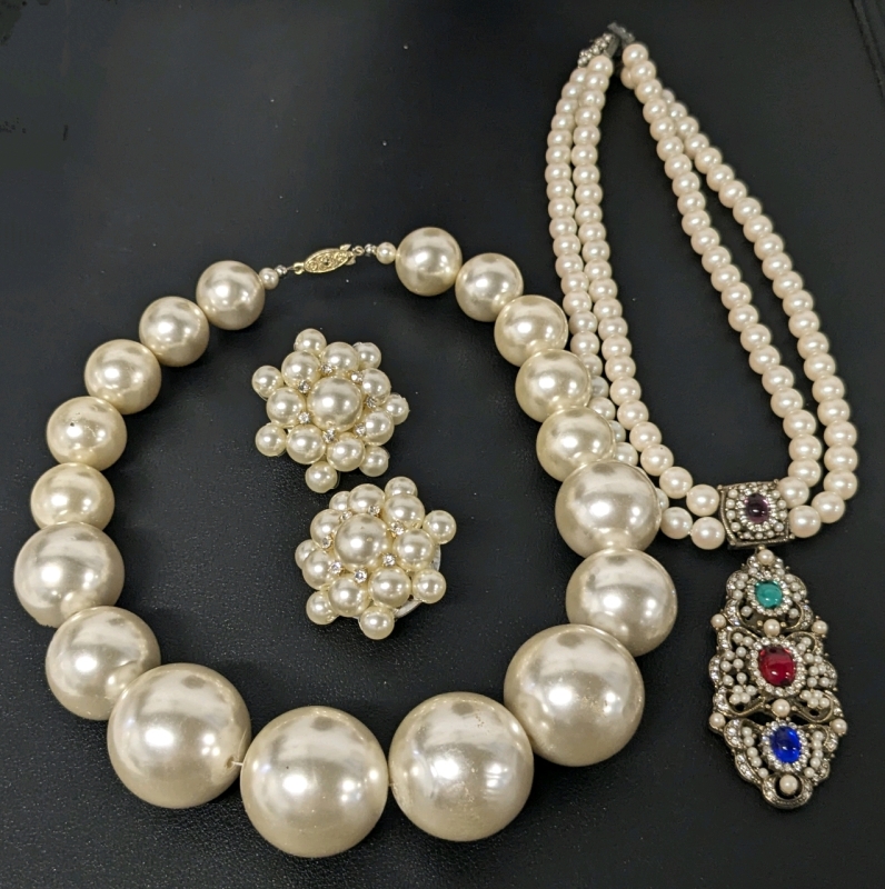 Faux Pearl Party : Huge Oversized Necklace, Necklace with Bejeweled Centerpiece & Pair of Oversized Lightweight Clip-On Earrings w Rhinestones | Necklaces: 15" - 17", Earrings 1.25" Diameter