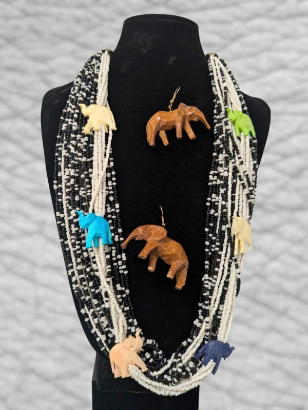 Wonderful Multi-Strand Beaded Necklace w Multicolored Carved Lucky Elephant Beads & Pair of Carved Wooden Elephant Earrings | Necklace 28" Long, Earrings 2" x 1.25" Tall