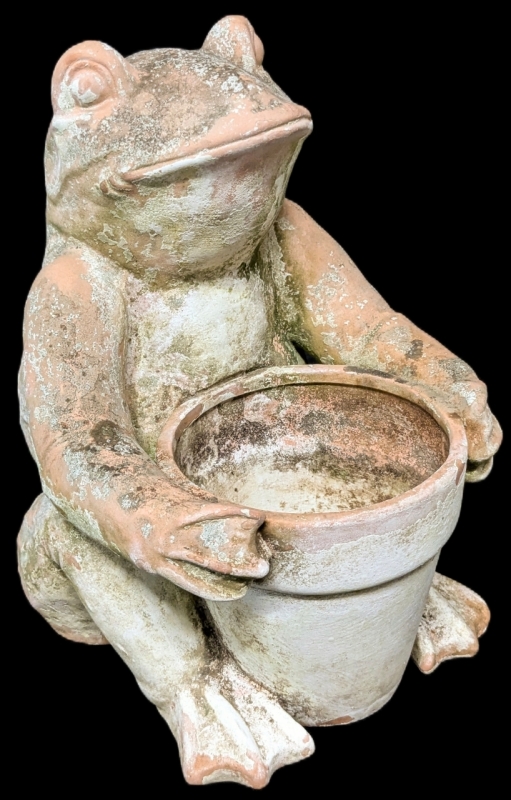 Weathered Outdoor Terracotta Frog Holding Flower Pot | 9.75" Tall