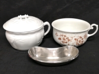 Ironstone Chamber Pots (Johnson Bros. & Colonial) + Stainless Steel Medical Kidney Dish by Polar