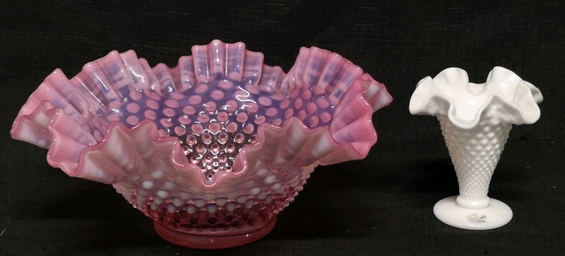 Unsigned Fenton Cranberry Opalescent Hobnail Bowl & Milk Glass Hobnail Fenton Vase