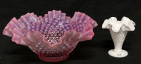 Unsigned Fenton Cranberry Opalescent Hobnail Bowl & Milk Glass Hobnail Fenton Vase