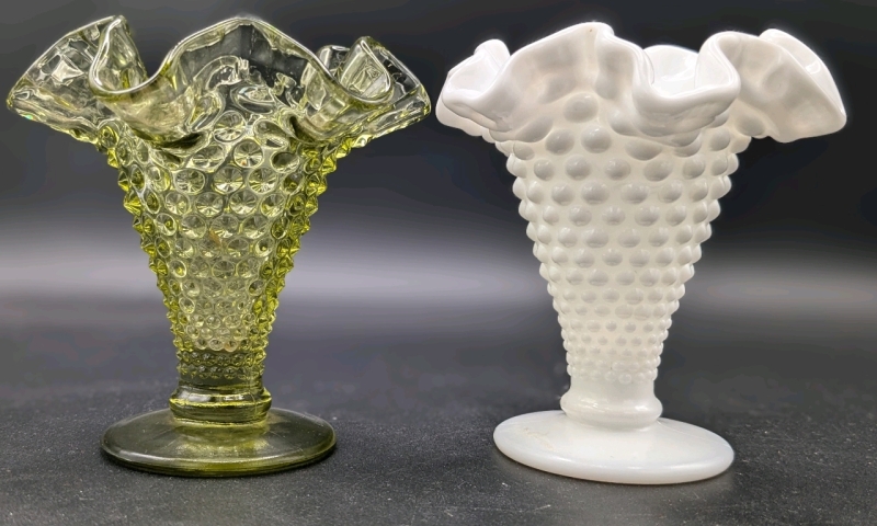 2 Vintage Unsigned Fenton Ruffled Hobnail Milk & Avocado Glass Vases | 3.8" Tall ea